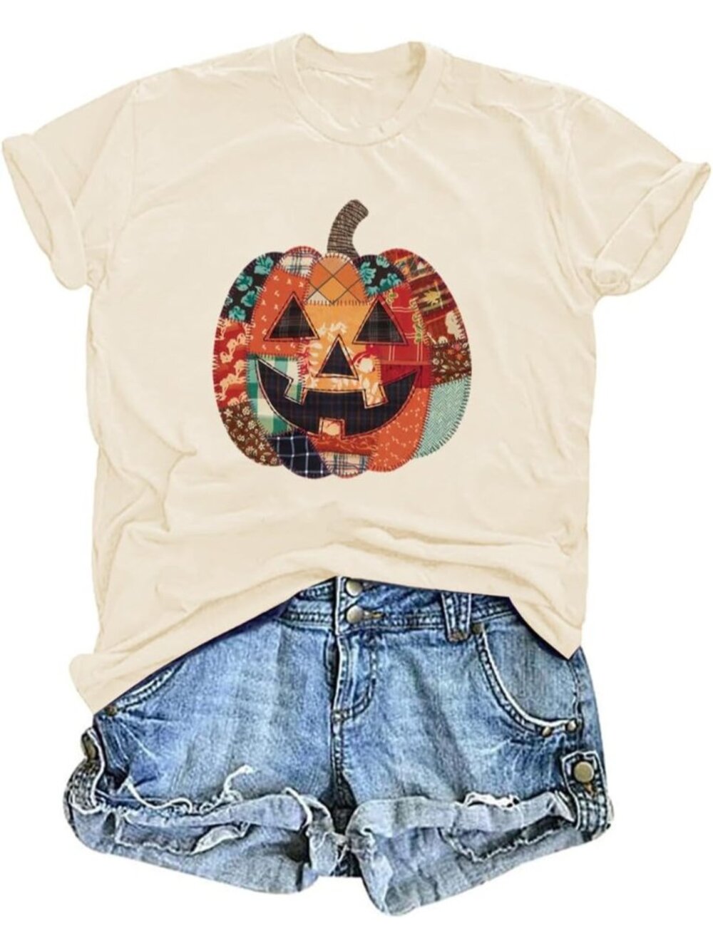 🆕 Women's Beige Patchwork Pumpkin Halloween Graphic Tee Short Sleeve Shirt